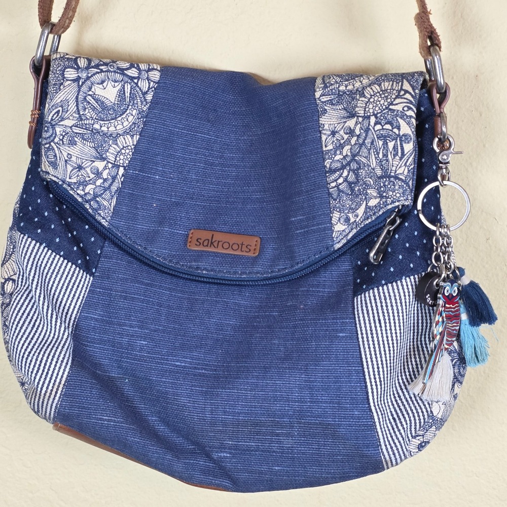 Sakroots Patchwork Owl‎ Tassel Crossbody Shoulder Bag Blue Boho